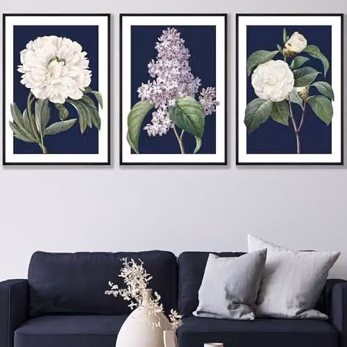 ARTZE Set of 3 Vintage Floral Botanical Paper Posters in Blue and White, W: 42 cm, H: 59 cm