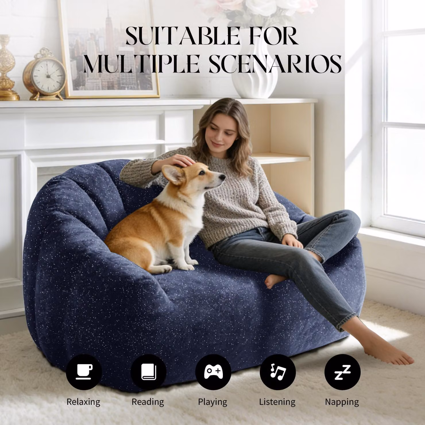Aosom UK Plush 2-Seater Bean Bag Sofa with High Density Sponge in Blue, W: 98 cm, D: 140 cm, H: 61 cm – 3