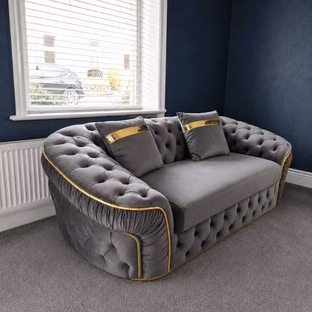 Stratus Interiors Ambassador Chesterfield 2 Seater Sofa in Silver Plush Velvet with Gold Trim