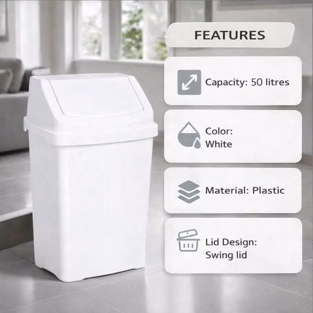FLAVORA White Plastic Swing Top Bin, W/D/H: 40.0 x 66.5 x 0 cm