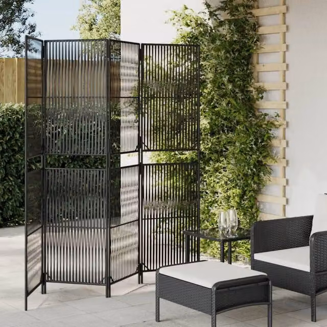Berkfield Home 4 Panel Black Poly Rattan and Steel Room Divider – 1