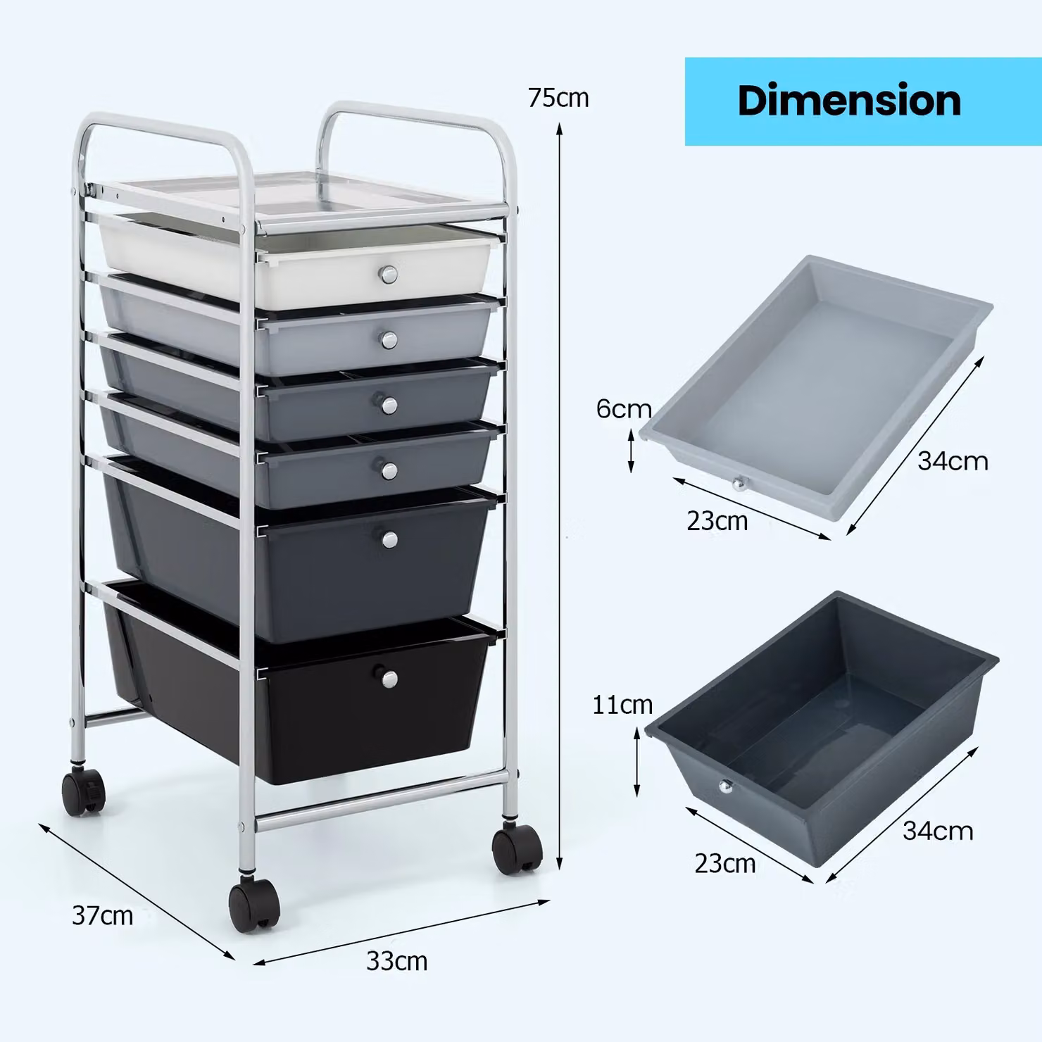 Gymax 6-Drawer Metal Mobile Utility Storage Trolley in Black – 2
