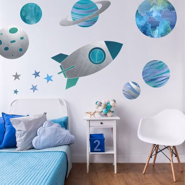 Stickerscapes Rocket, Planets and Stars Wall Sticker Pack in Blue, Grey and Turquoise