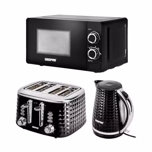 GEEPAS Kitchen Set with 1.7L Electric Kettle, 4 Slice Bread Toaster and Microwave in White or Black