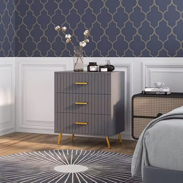 STILVORA 3 Drawer Chest of Drawers with Embossed Front in Dark Grey and Gold