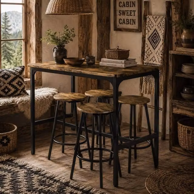 Wyld Haus Soka 5 Piece Industrial Bar Table and Stool Set in Rustic Brown and Black – 1