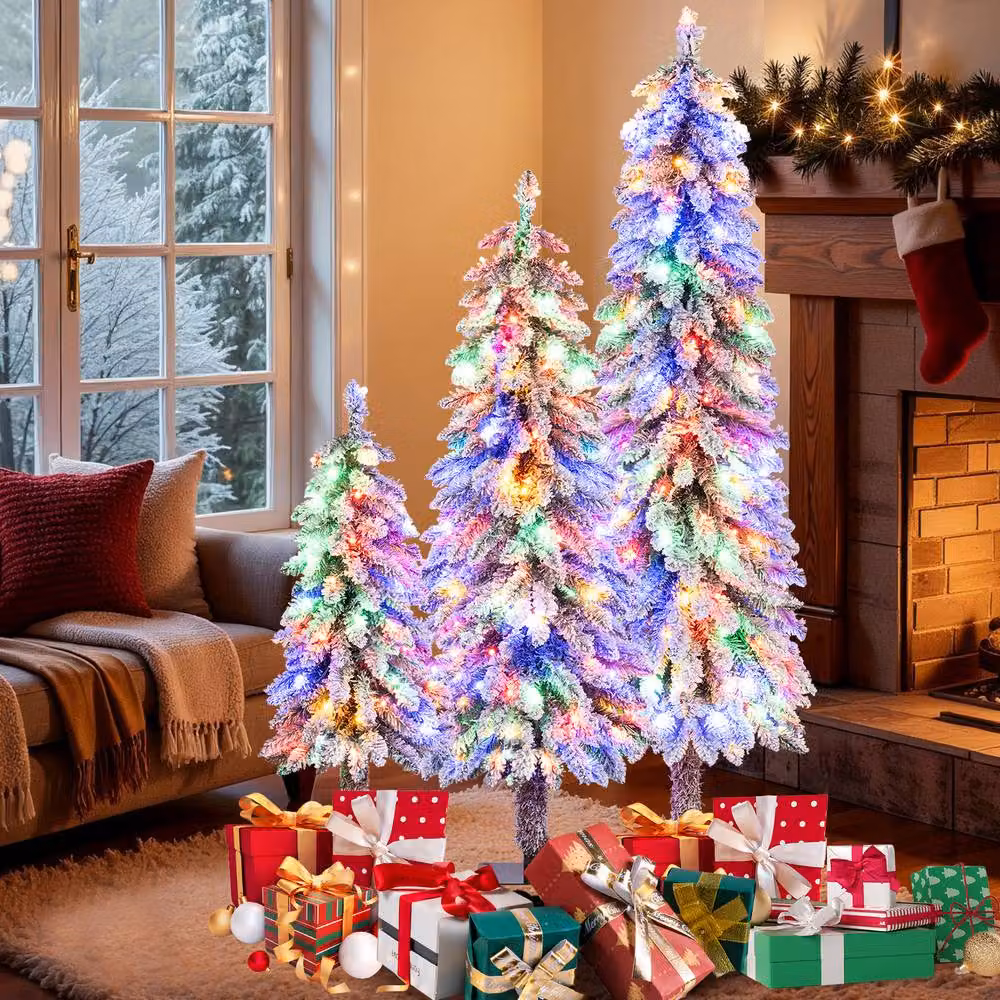 Gymax 3 Pack Pre-lit Flocked Artificial Christmas Tree Set in Green – 4