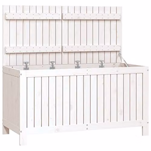 vidaXL Garden Storage Box in White Solid Pine Wood with Soft-Close Lid, W/D/H: 121 x 55 x 64 cm