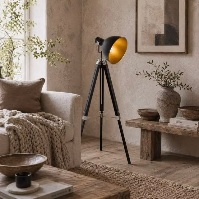 Wyld Haus Cono Adjustable Tripod Spotlight Floor Lamp in Black and Gold/Brass, H 152 cm
