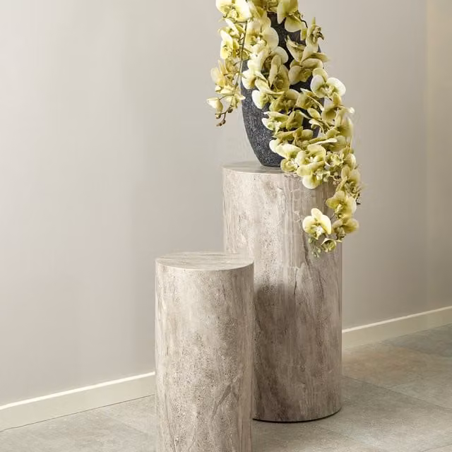 Furniture To Go Set of 2 Brown Dice Pedestal Tables with Marble and Stone Nested Tops