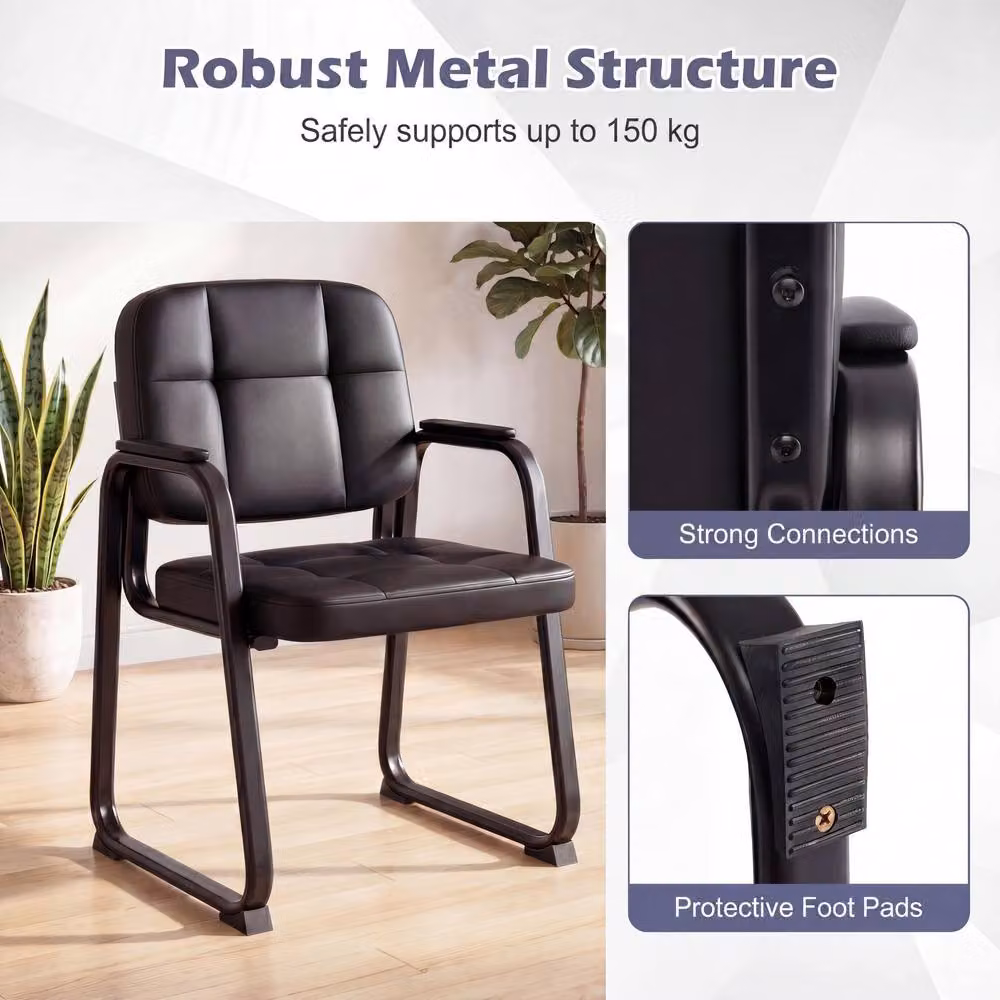 Gymax Set of 2 Black Synthetic Leather Office and Reception Guest Chairs with Armrests – 8
