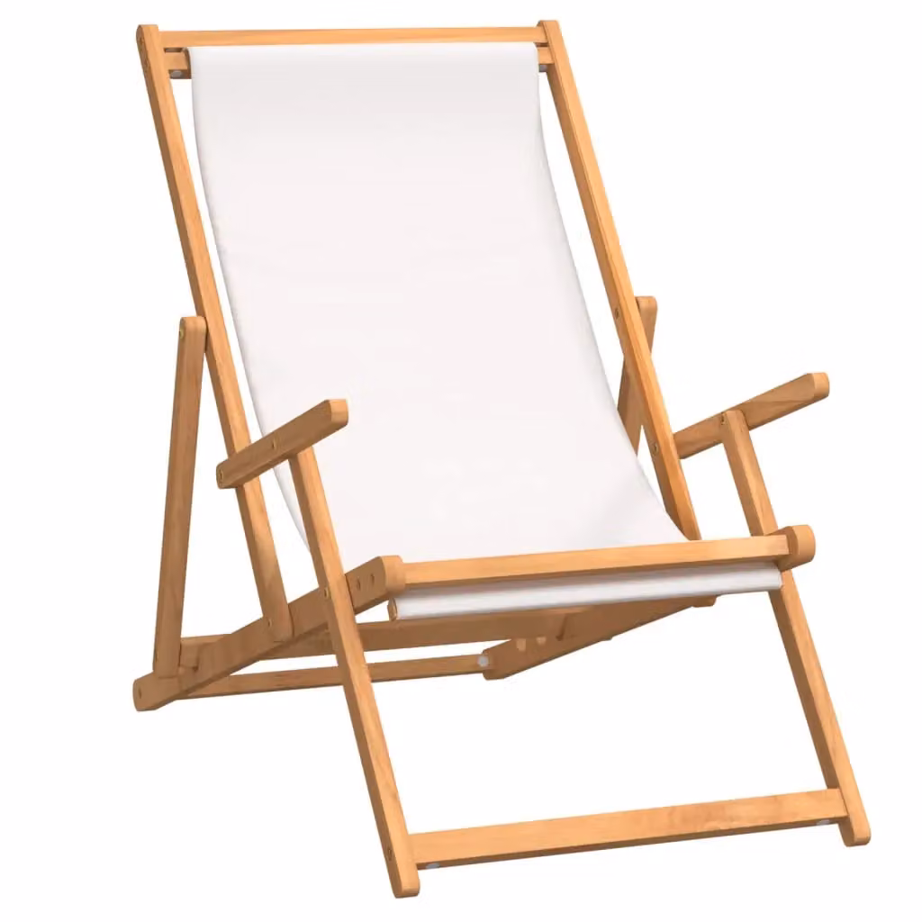 Berkfield Home Folding Beach Chair in Solid Teak Wood with Cream Fabric – 2