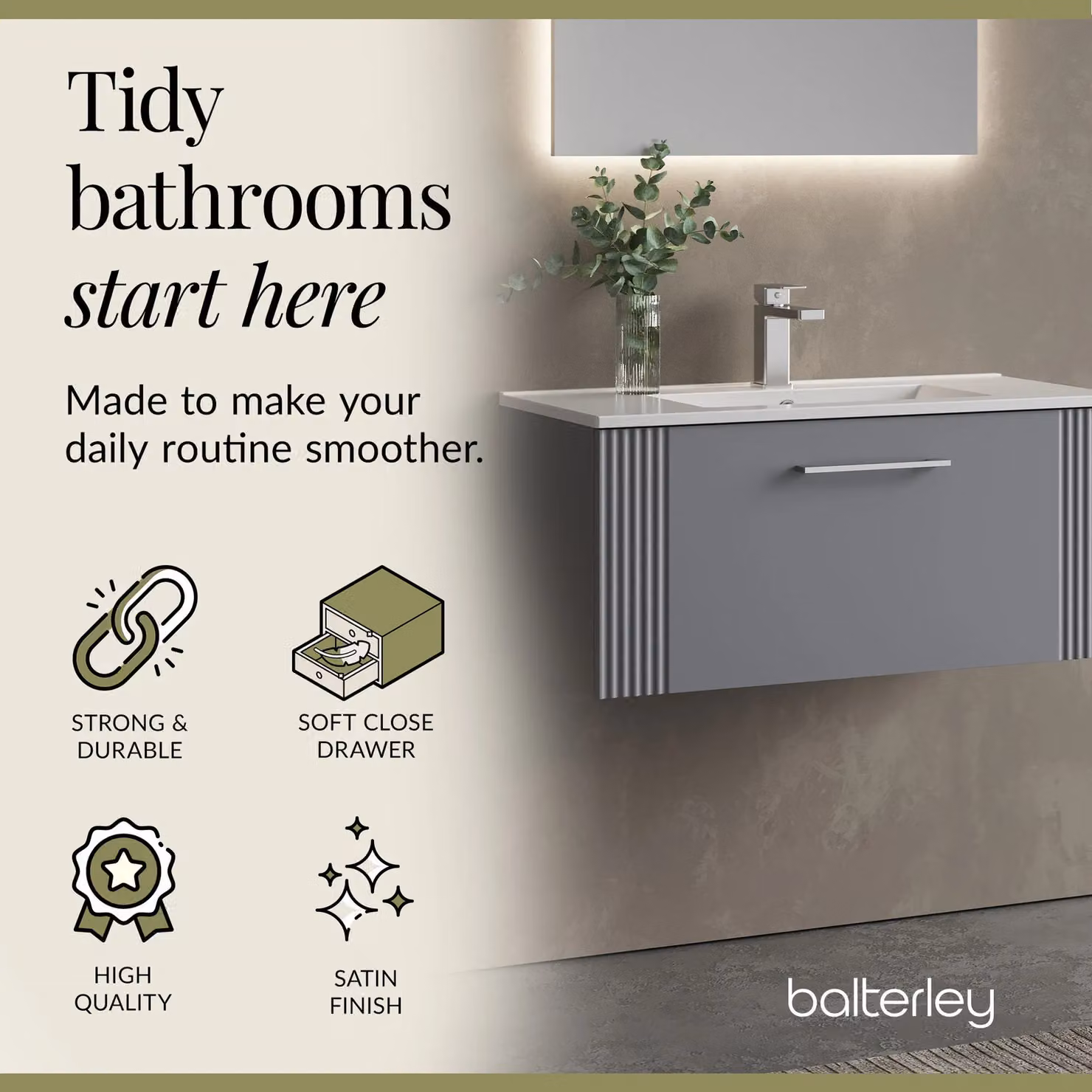 Balterley Wall Hung 1 Drawer Vanity Unit with Minimalist Basin, Satin Grey, Width: 80 cm – 3