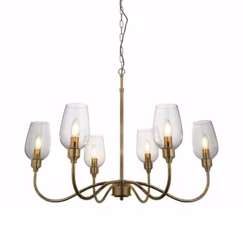 Merano Livorno Multi Arm Pendant Ceiling Light in Antique Brass and Clear Glass, Dimmable E14 Hanging Lamp, H: 73-210 cm – 1