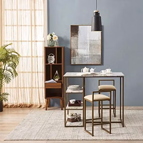Teamson Home Marmo 3 Piece Breakfast Dining Set with Faux White Marble Tabletop and 2 Padded Stools in White, Gold and Beige – 1
