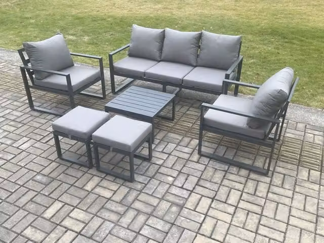 Fimous 7 Seater Modern Outdoor Lounge Sofa Set in Dark Grey with Powder Coated Aluminium Frame, Coffee Table, 2 Armchairs and 2 Ottomans