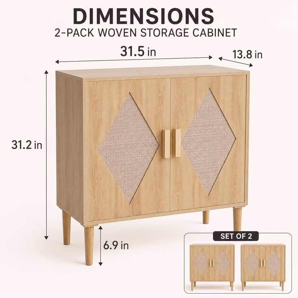 London Boutique Set of 2 Modern Rattan Sideboard Cabinets with Woven Cane Doors in Sand – 2