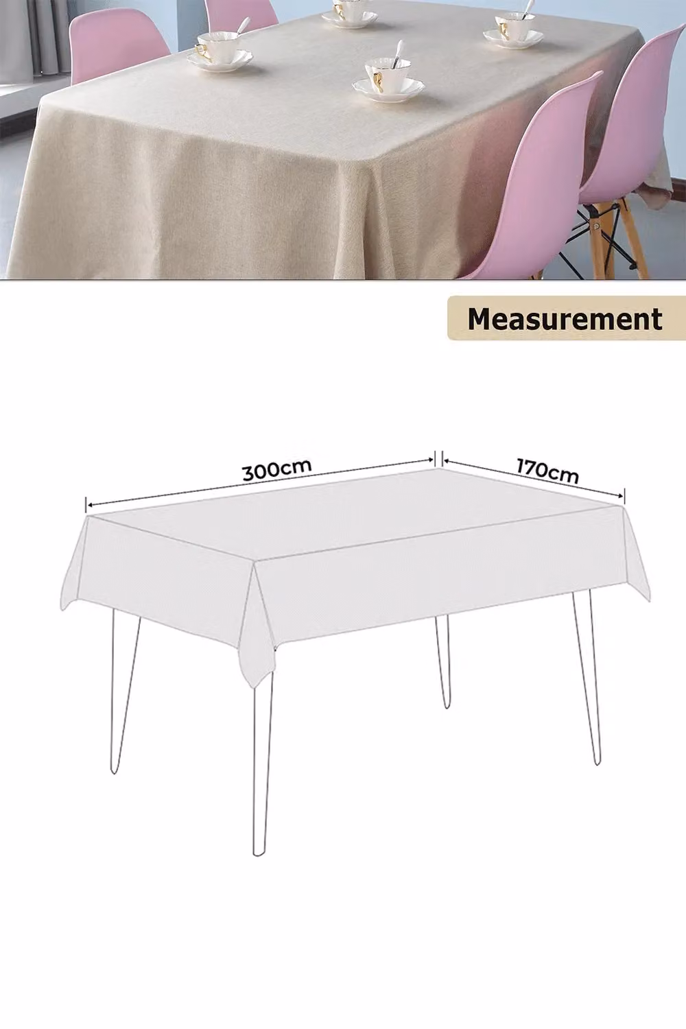 Neel Blue Beige Rectangular Tablecloth, Plain Polyester and Linen Fabric, W/D/H: 300 x 170 cm – 2