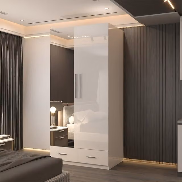 Sliding Wardrobes 4 u Modern Glossy White Hinged Door Wardrobe with Mirror, Width: 90 cm