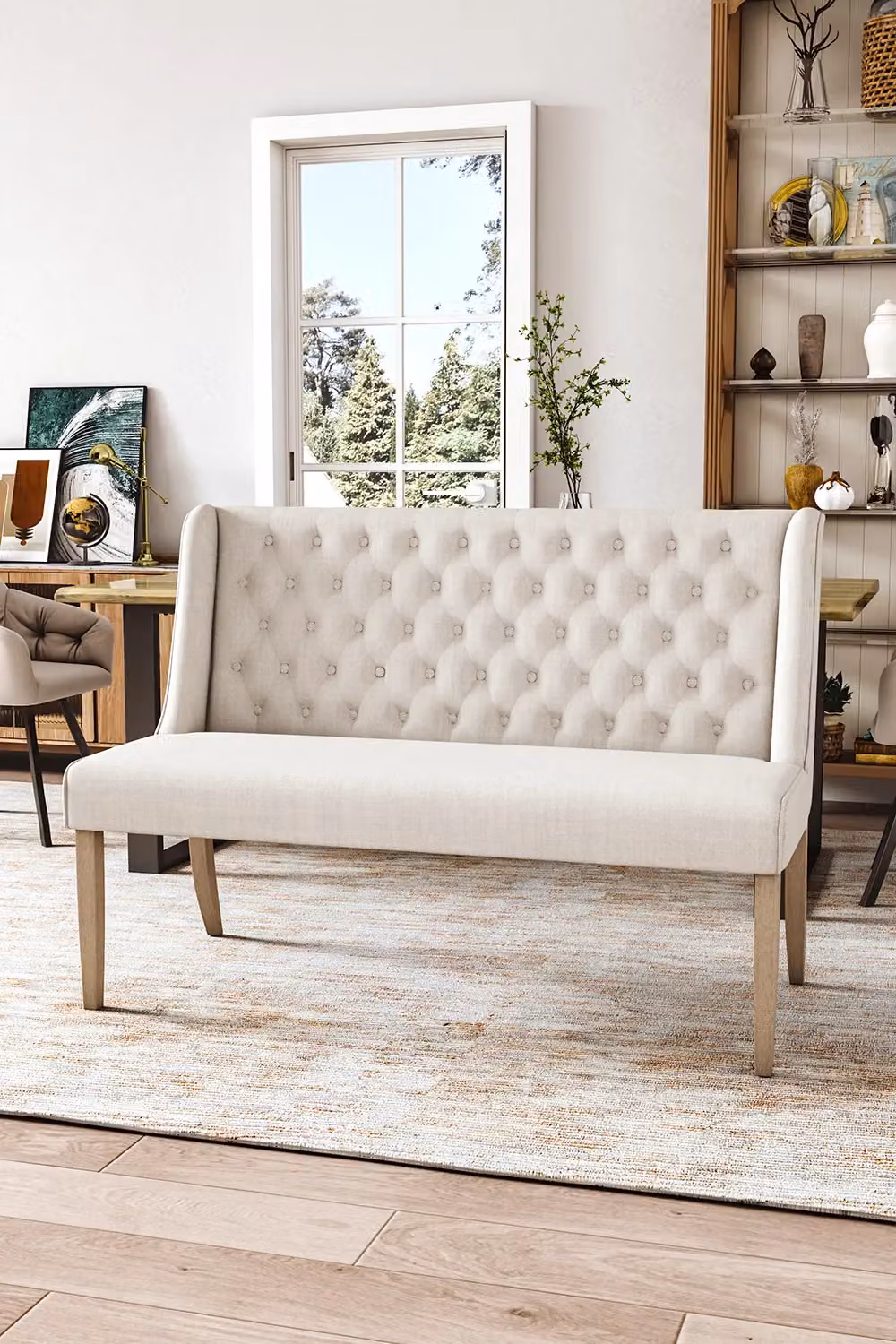 Livingandhome Beige Upholstered Tufted Dining Bench, Width: 138 cm – 2