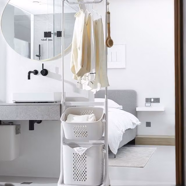 Lifeideas 2 Tier Plastic Laundry Baskets with Hanging Rack and Wheels, White