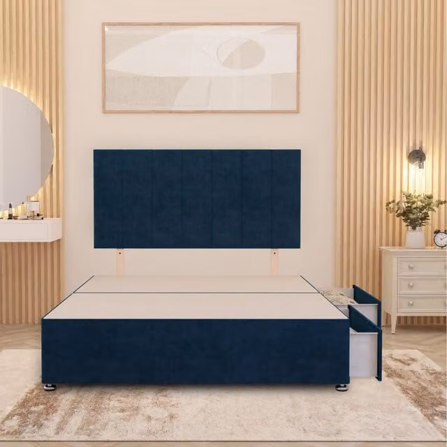 Somnior Beds Ltd Classic Upholstered Divan Bed Base with Drawers in Blue Velvet, W/D/H: 140 x 200 cm