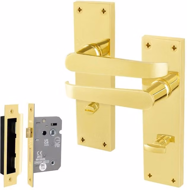 AFIT Polished Brass Bathroom Door Handle Set with Gold Lock and Backplate, 1 Pair, W/H: 15 x 15 cm