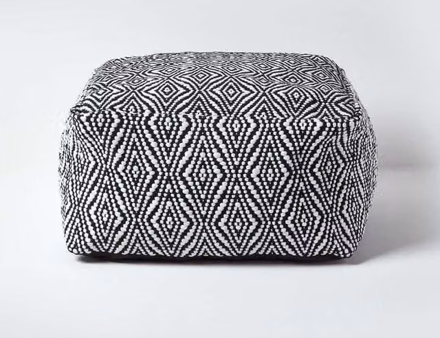 Homescapes Trance Diamond Pattern Square Bean Filled Pouffe, Black, W/D/H: 60 x 60 x 60 cm