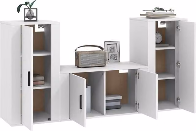 Berkfield Home Classic 3 Piece White Lowboard TV Cabinet Set with Hinged Doors and Internal Shelves – 1