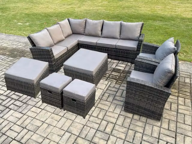 Fimous 12 Seat Rattan Garden Furniture Set in Dark Grey with L-Shape Corner Sofa, Ottoman and Coffee Table