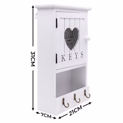 Maison Des Cadeaux Wooden 9 Key Storage Box with Heart Keyhole in White, Wall Mounted – 2