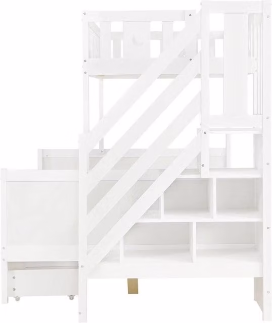 FORGEVIO White Solid Wood Bunk Beds with Storage Drawers and Stairs for Children, W/D/H: 90 x 190 cm