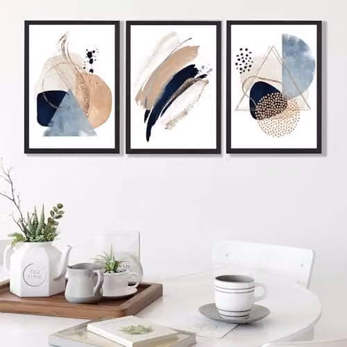 ARTZE Set of 3 Abstract Blue and Beige Watercolour Shape Paper Posters, W: 29.7 cm, H: 42 cm