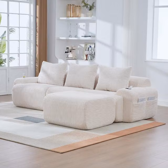 Aosom UK Beige 3-Seater Modular Sectional Sofa with Ottomans, Built-in Cup Holders and Side Storage Pockets, W: 174 cm, D: 268 cm, H: 80 cm – 1