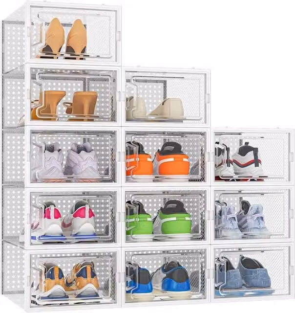 FLAVORA Stackable and Foldable Clear Plastic Shoe Storage Boxes, 12 Pieces, White and Transparent