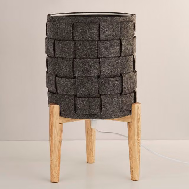 Modern Grey Felt and Wood Table Lamp with Cylinder Shade and E14 Bulb Compatibility