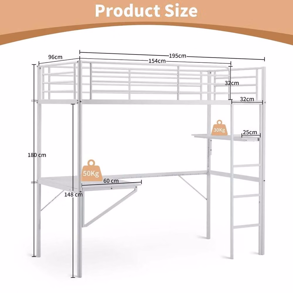 KORVIXA Metal Single Loft Bed Frame with Desk and Side Compartments in White, W/D/H: 90 x 190 x 148 cm – 2