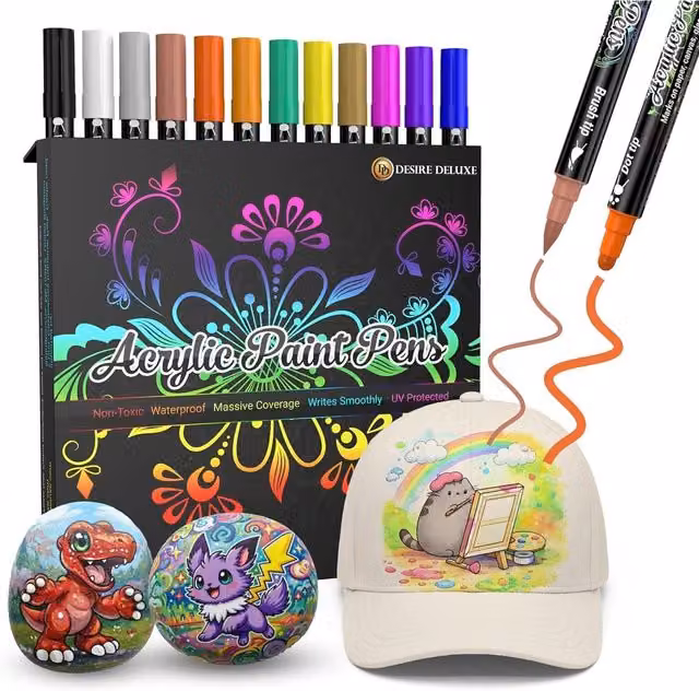 Desire Deluxe Multicolour Acrylic Paint Pens, Set of 12 Non-Toxic Water-Based Markers for Rock, Ceramic, Glass, Wood and Canvas