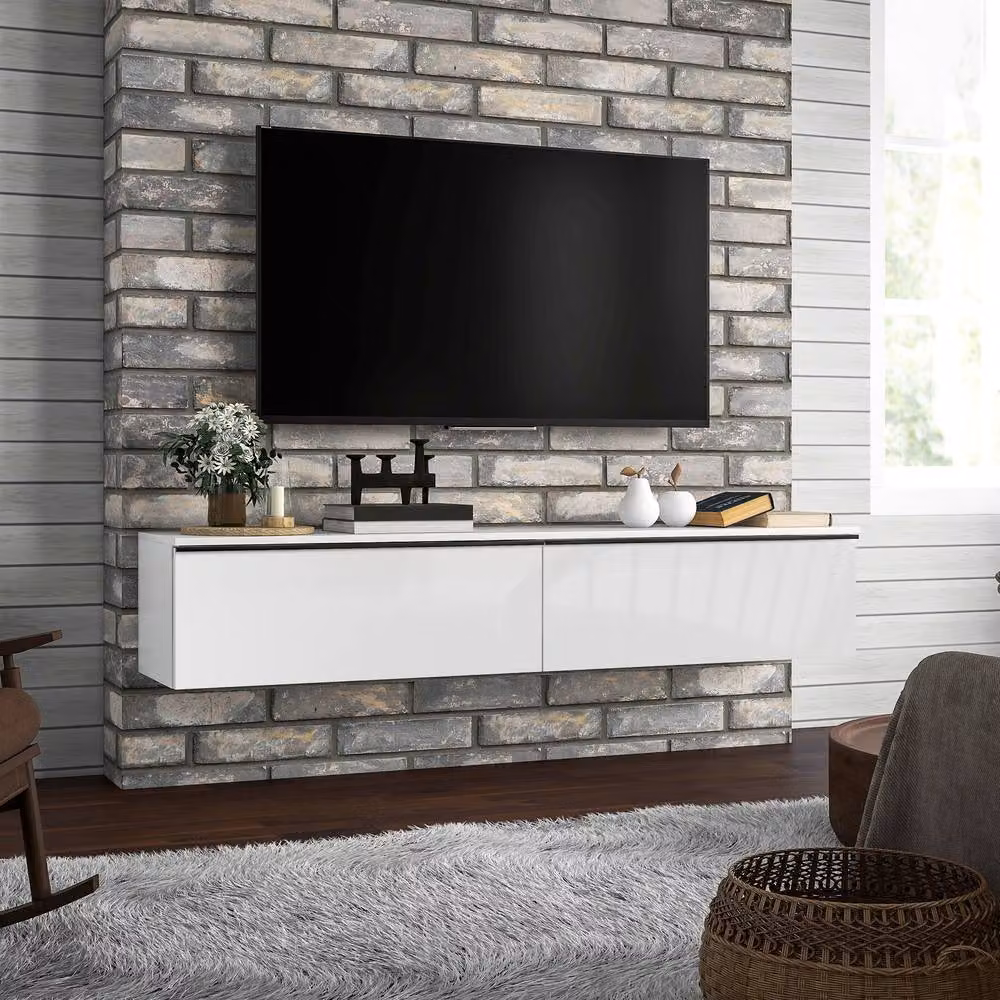 STILVORA Modern Wall-Mounted White Glossy Wood TV Unit with Media Compartments – 2