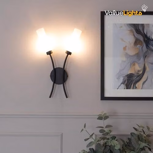 ValueLights 2 Way Curved Matt Black Metal Wall Light Fitting with Bulb Included – 2