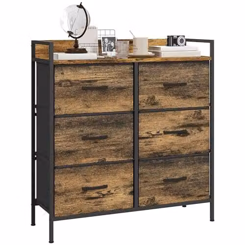 HOMCOM Industrial Chest of Drawers with 6 Fabric Drawers and Open Shelves, Brown – 1
