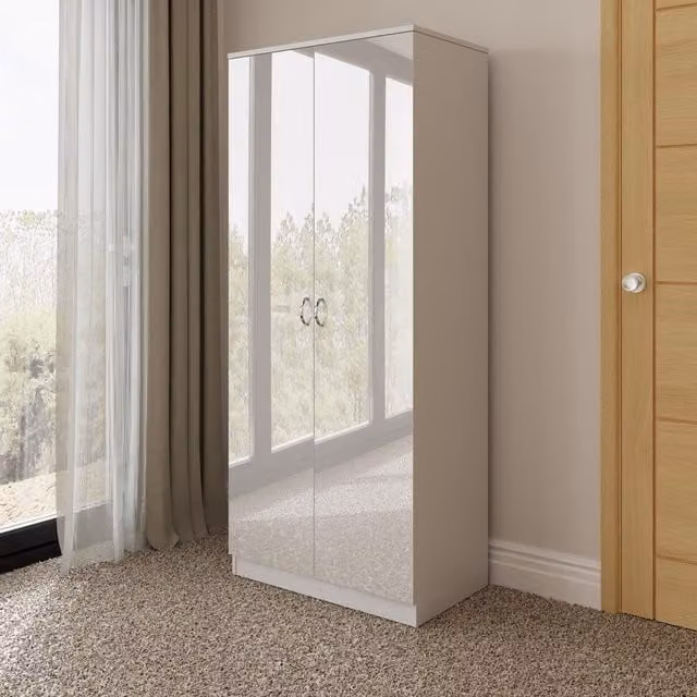 FWStyle Modern White Gloss 2 Door Bedroom Wardrobe with Soft Close Doors and Mirror, H 181 cm x W 76 cm x D 50 cm