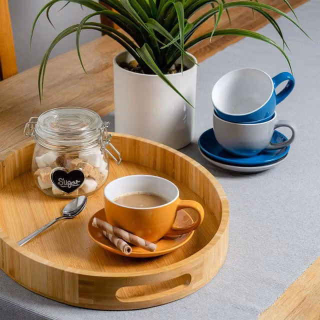 Argon Tableware 12-Piece Three-Tone Stoneware Cappuccino Cup and Saucer Set in Yellow, Grey and Blue, 250ml