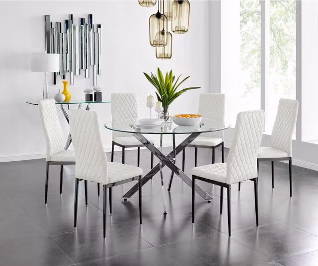 FurnitureboxUK Novara Round White Glass Dining Table with Six Black Milan Faux Leather Chairs, Diameter: 120 cm