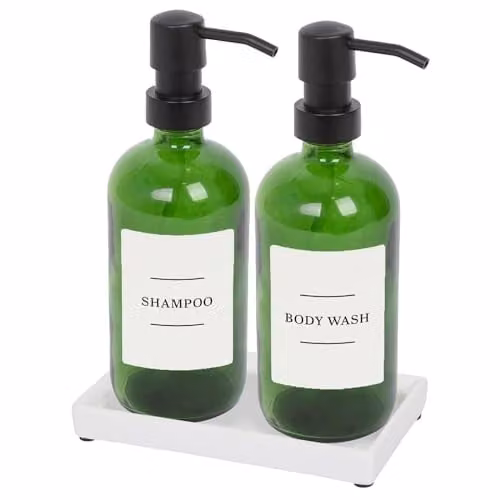 Harbour Housewares 2 Piece Glass Soap Dispenser Set with Ceramic Tray and Labels, 500ml, Green