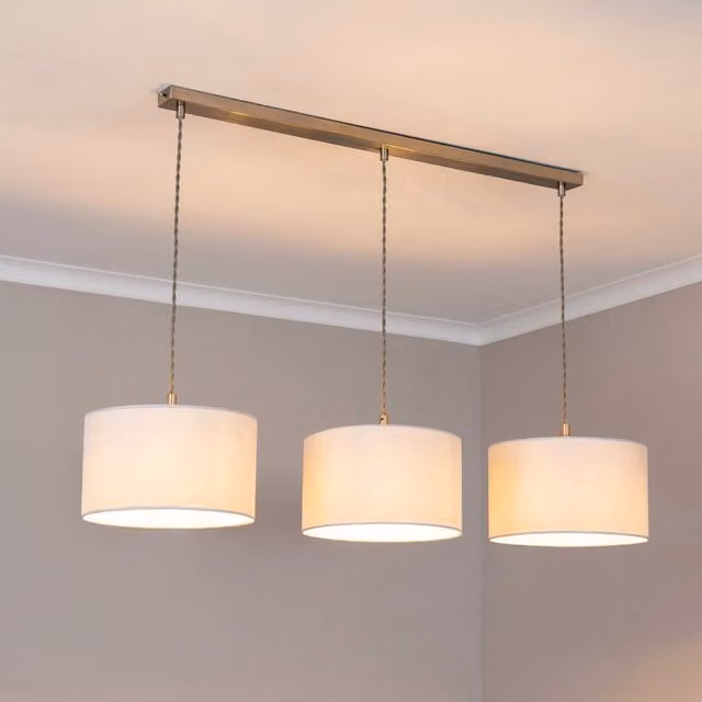 Reni Brushed Chrome 3 Drop Bar Ceiling Pendant Light with White Fabric Shades and LED Bulbs