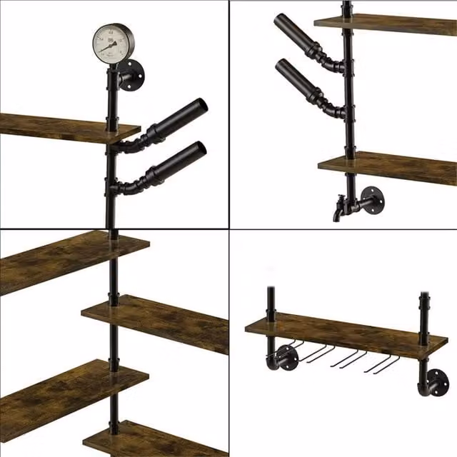 NESTLUNE Industrial Pipe Wall Mounted Wine Rack and Liquor Bottle Display in Brown, W: 100 cm, D: 15 cm
