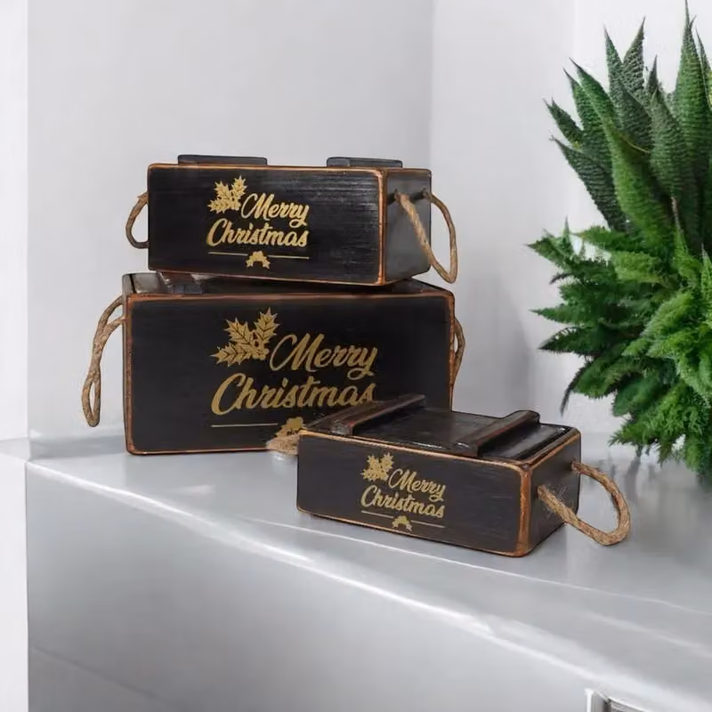 Minster Set of 3 Black Wooden Crates with Lids and Rope Handles – 2