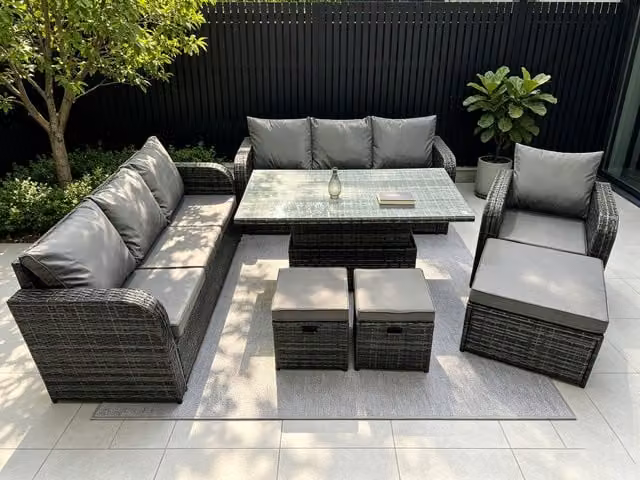 Fimous Rattan Garden Dining Set with Reclining Sofa and 3 Footstools in Dark Grey