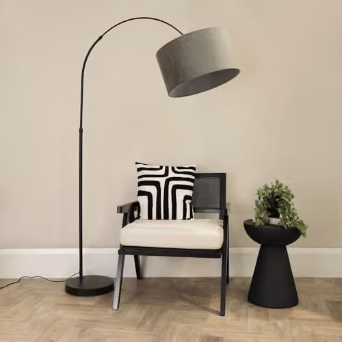ValueLights Louis Black Metal Arched Floor Lamp with Grey Fabric Shade – 2